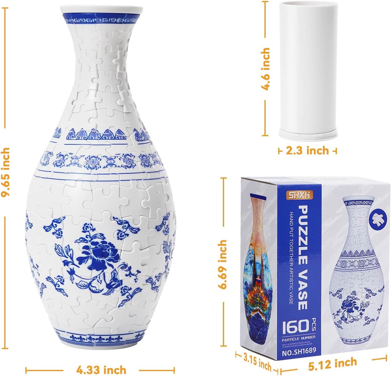 A1:Blue and White Porcelain,3D Puzzle Planter Vase for Home Decoration, 160 Pieces DIY Flower Vase - Perfect Housewarming Gift
