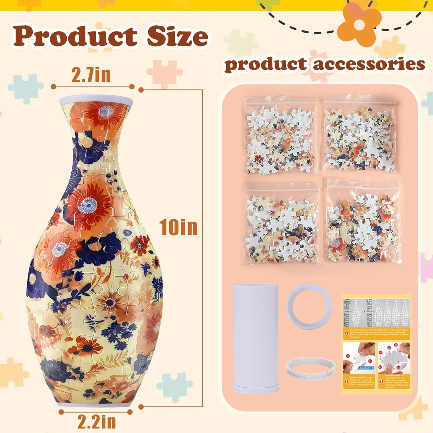 C1:Unique 3D Puzzle Vase for Adults - 160 Pieces of Puzzle Flower Vase, Blossoming Flowers Themed Art Projects Gift for Women Housewarming Home Decoration
