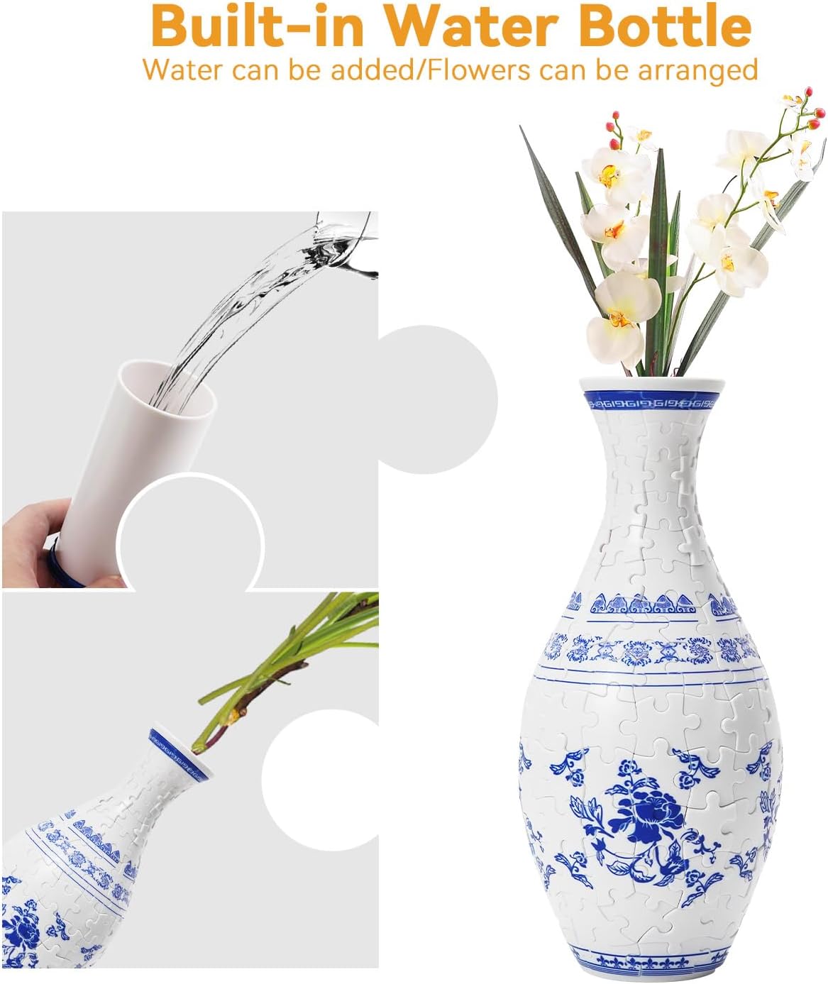 A1:Blue and White Porcelain,3D Puzzle Planter Vase for Home Decoration, 160 Pieces DIY Flower Vase - Perfect Housewarming Gift