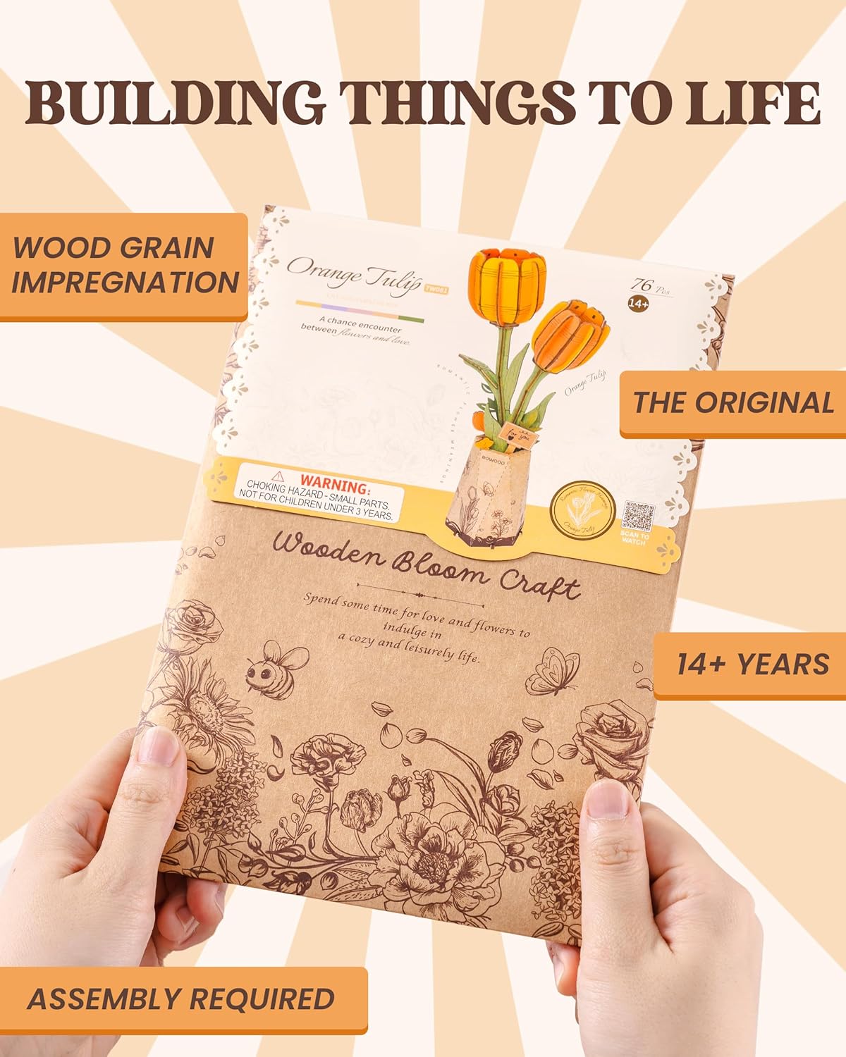 Wooden Artifical Flower Botanical Collection Building Craft Kit, Orange Tulip