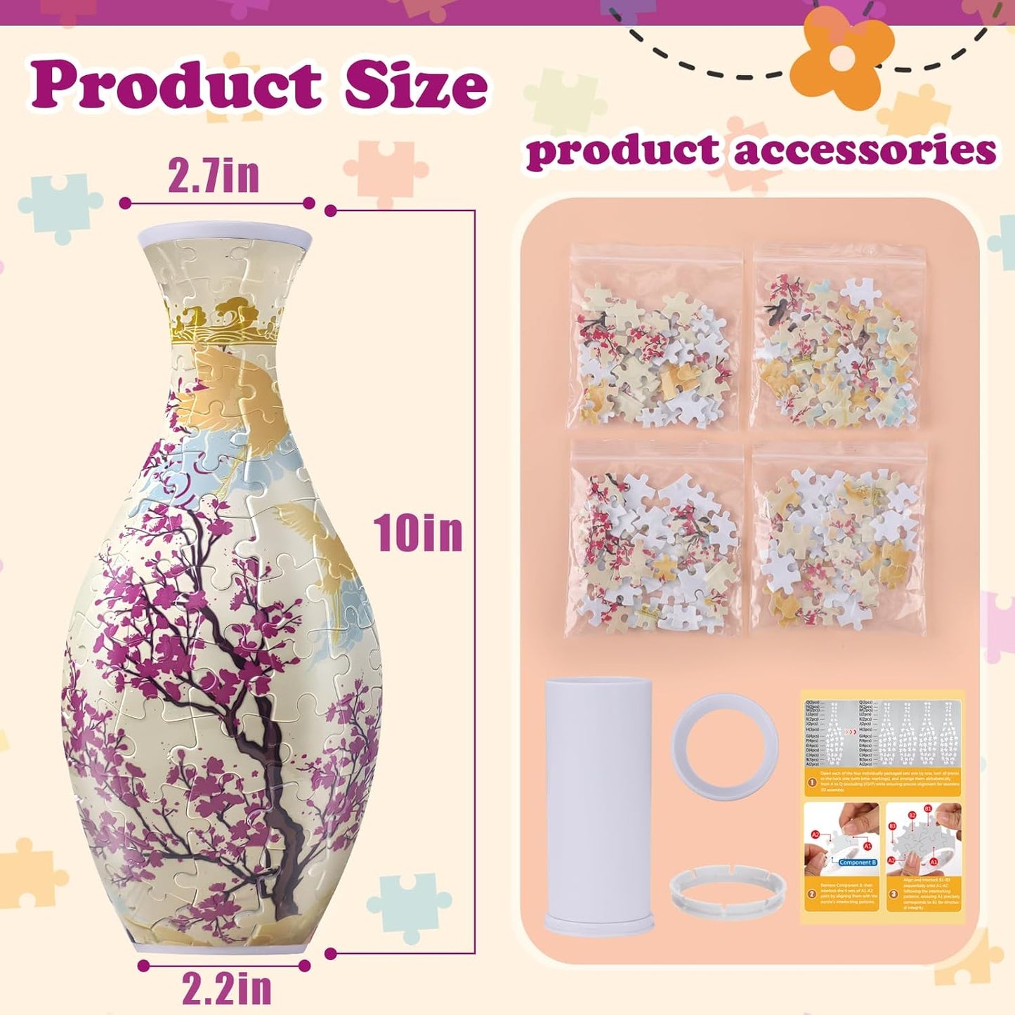 C3:Unique 3D Puzzle for Adults - 160 Pieces of Puzzle Vase, Plum Blossom Themed Art Projects Gift for Women Housewarming Home Decoration
