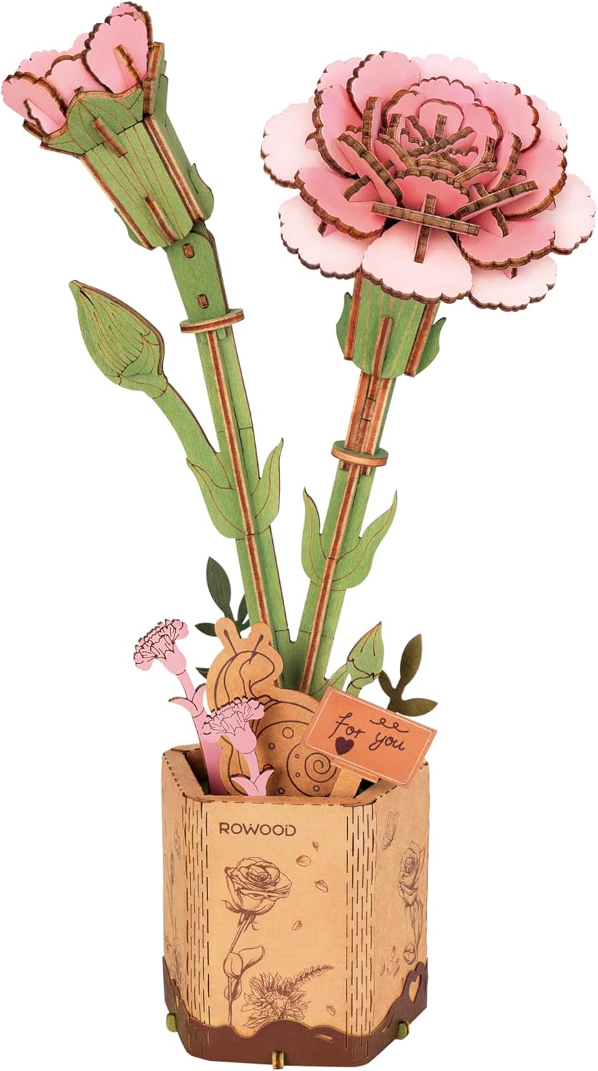 Wooden Artifical Flower Botanical Collection Building Craft Kit, Pink Carnation