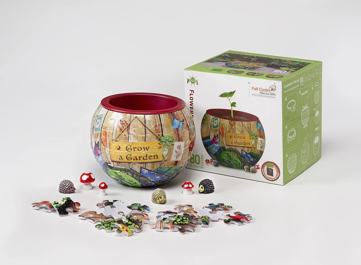 ’Grow a Garden' 3D Flowerpot Puzzle - 80 Pieces by Spartan & The Green Egg - Includes 3 Mini Hedgehogs and 3 Mini Mushrooms - 4in x 4in x 4in (10.16cm x 10.16cm)