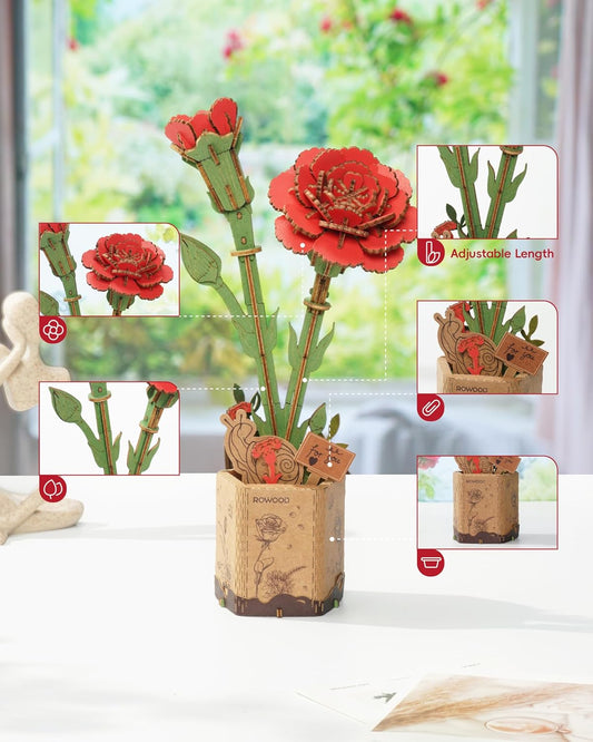 Wooden Artifical Flower Botanical Collection Building Craft Kit,Red Carnation