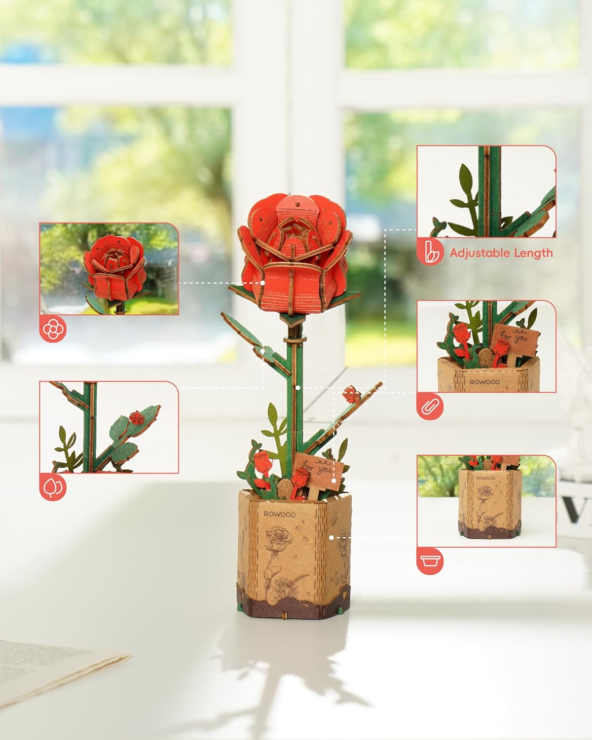 Wooden Artifical Flower Botanical Collection Building Craft Kit,Red Rose