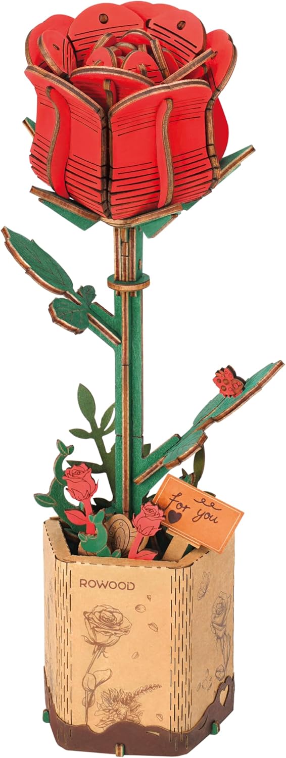 Wooden Artifical Flower Botanical Collection Building Craft Kit,Red Rose