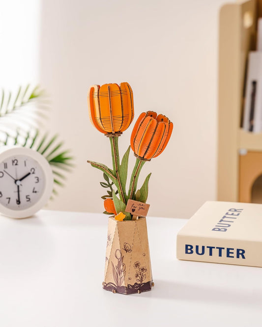 Wooden Artifical Flower Botanical Collection Building Craft Kit, Orange Tulip