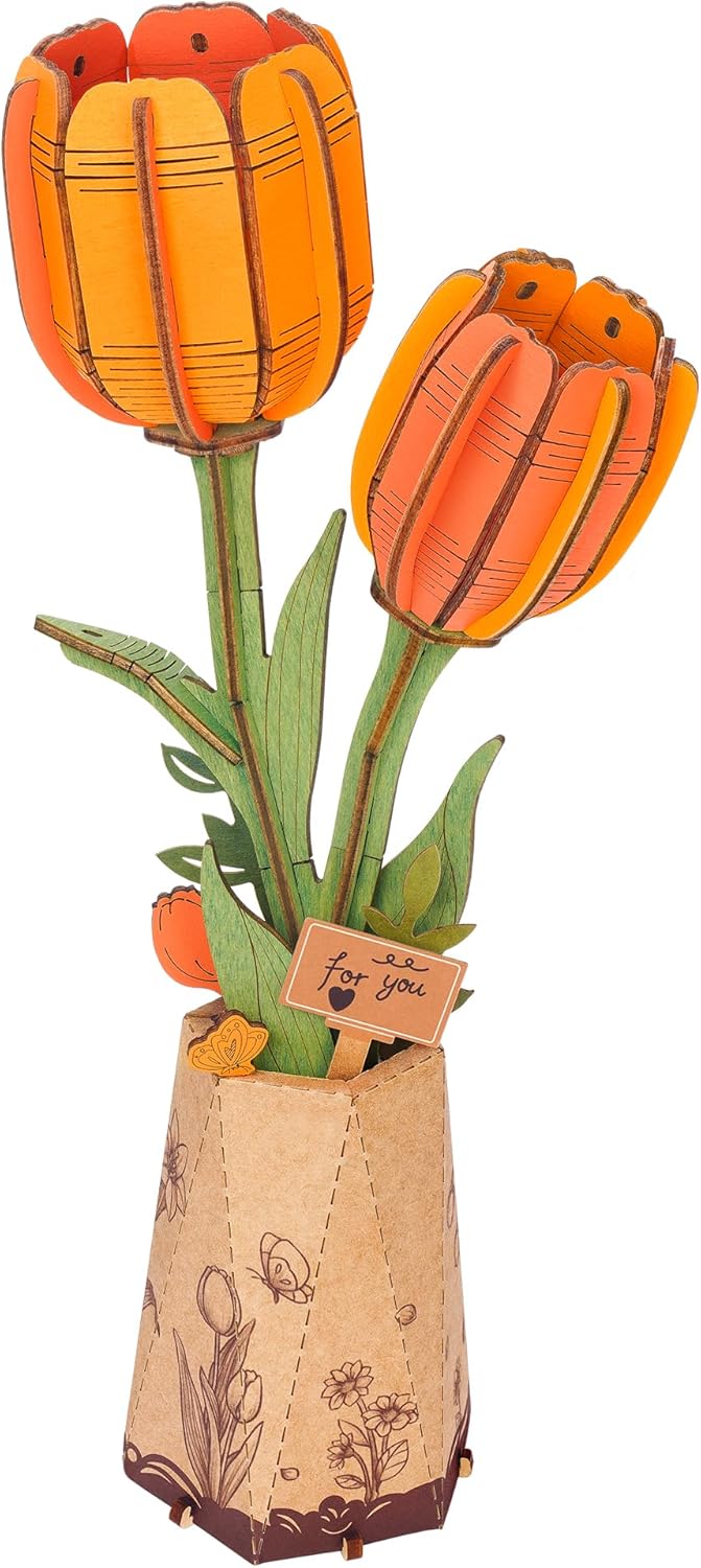 Wooden Artifical Flower Botanical Collection Building Craft Kit, Orange Tulip