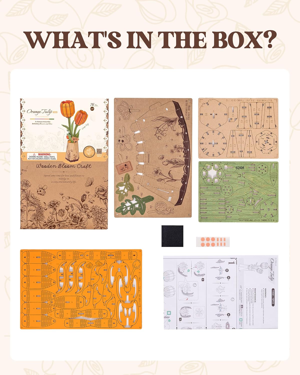Wooden Artifical Flower Botanical Collection Building Craft Kit, Orange Tulip