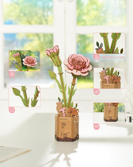 Wooden Artifical Flower Botanical Collection Building Craft Kit, Pink Carnation