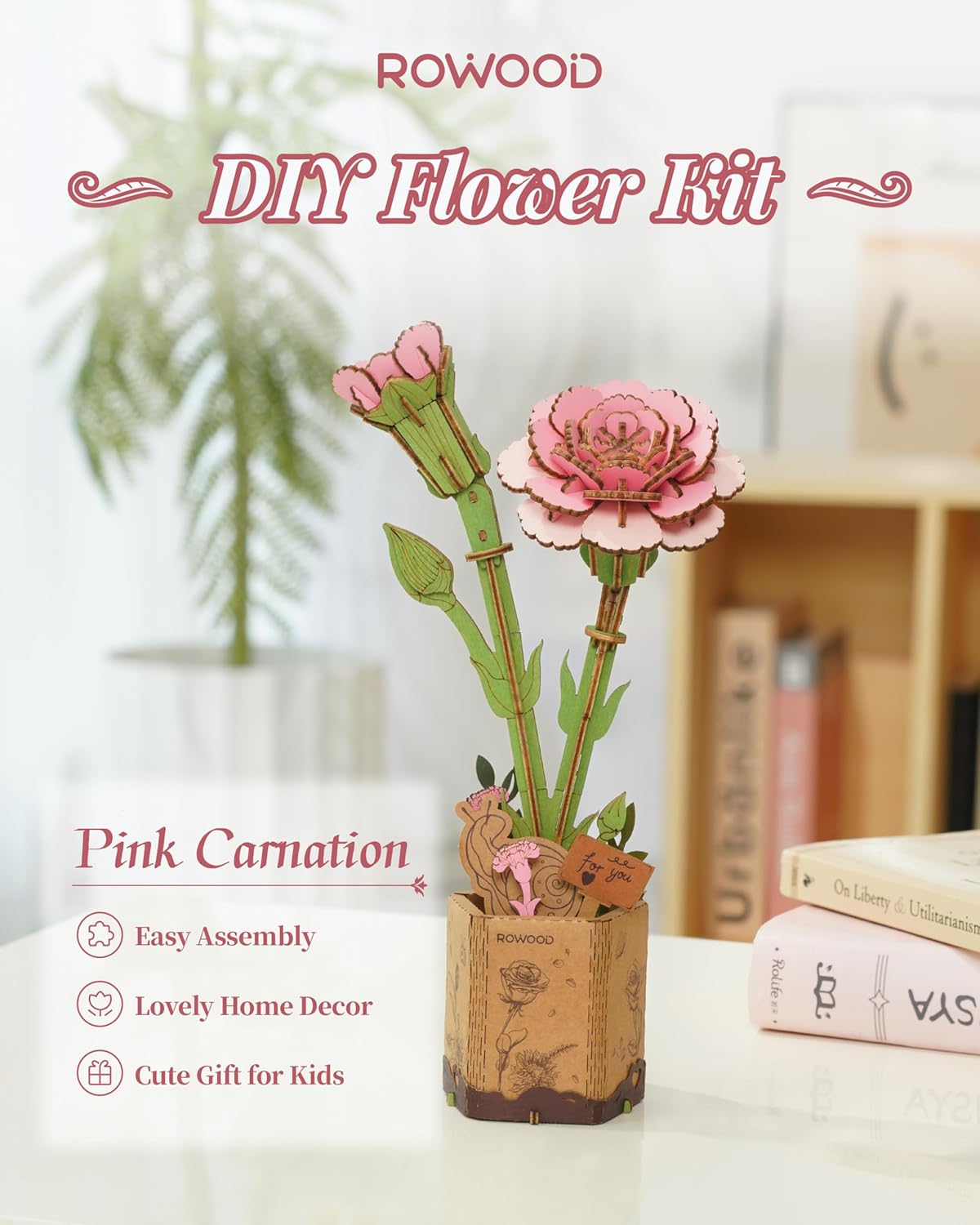 Wooden Artifical Flower Botanical Collection Building Craft Kit, Pink Carnation