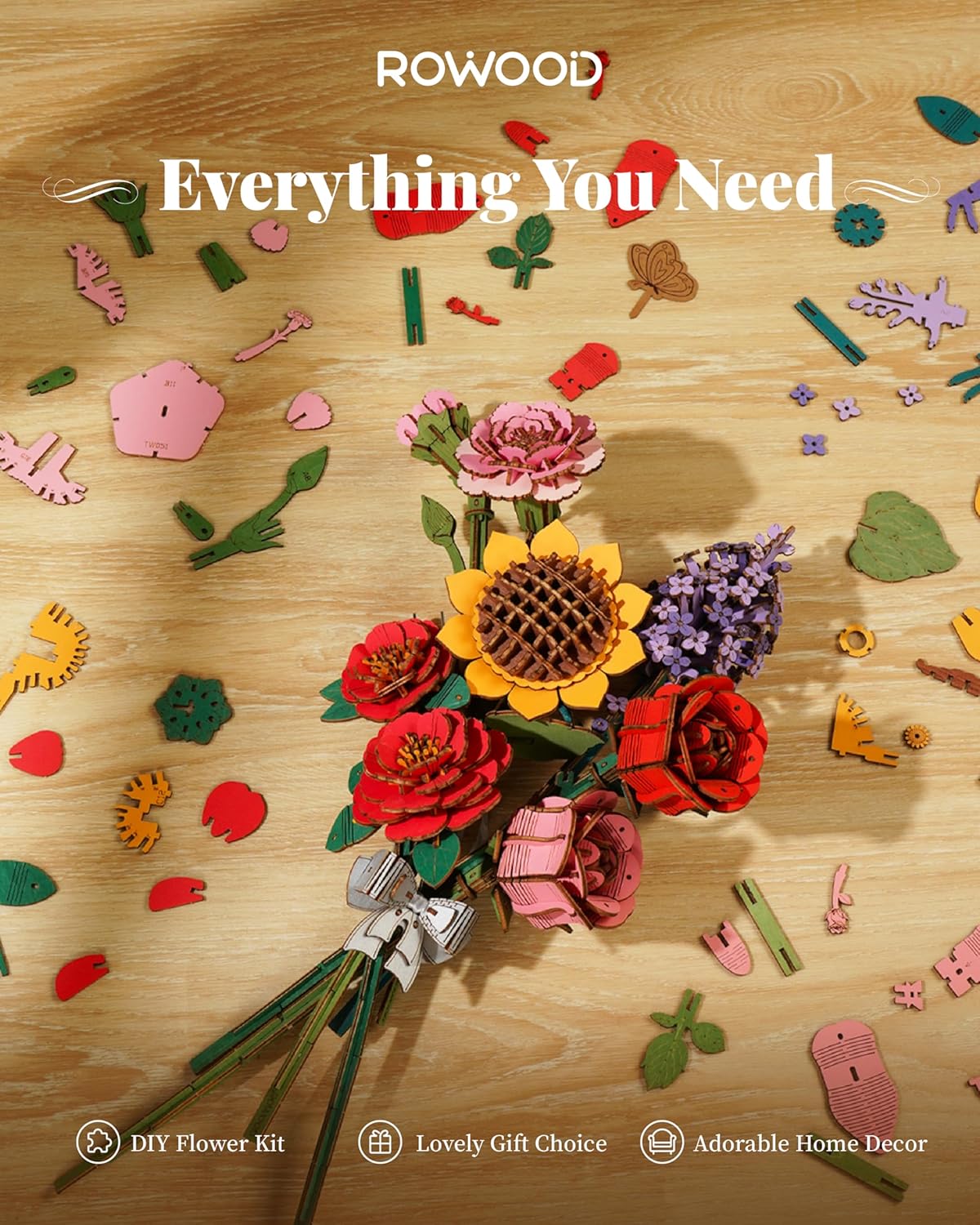 Wooden Artifical Flower Botanical Collection Building Craft Kit, Pink Carnation