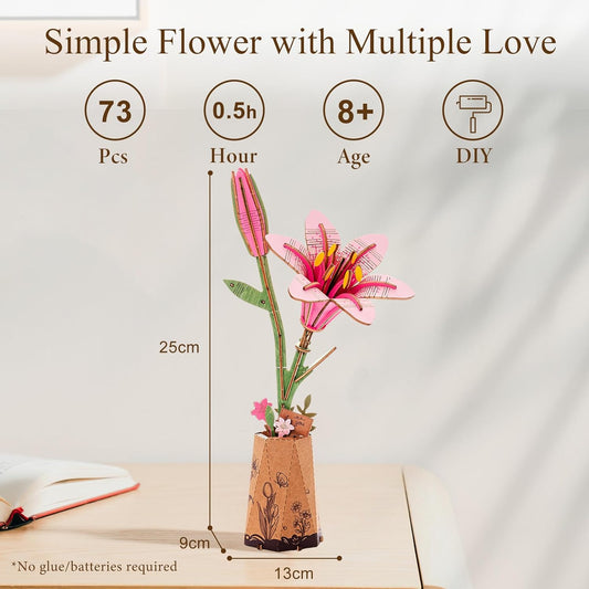 Wooden Artifical Flower Botanical Collection Building Craft Kit,Pink Lily