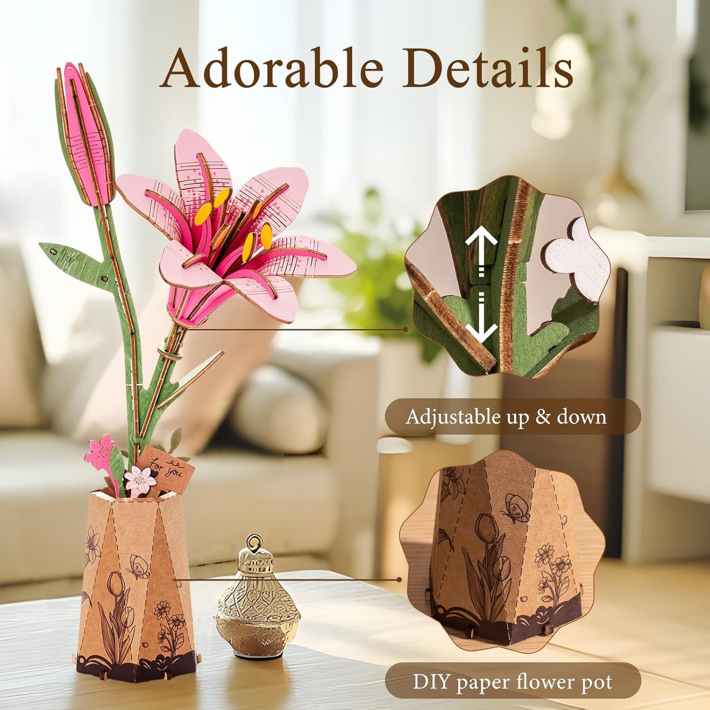 Wooden Artifical Flower Botanical Collection Building Craft Kit,Pink Lily