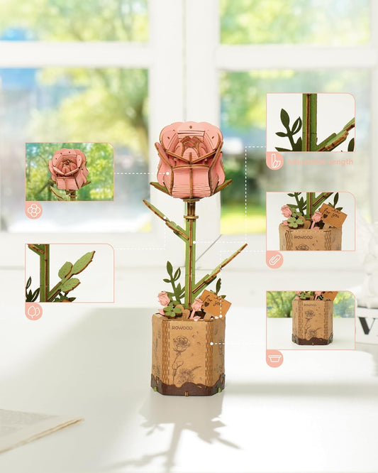 Wooden Artifical Flower Botanical Collection Building Craft Kit,Pink Rose