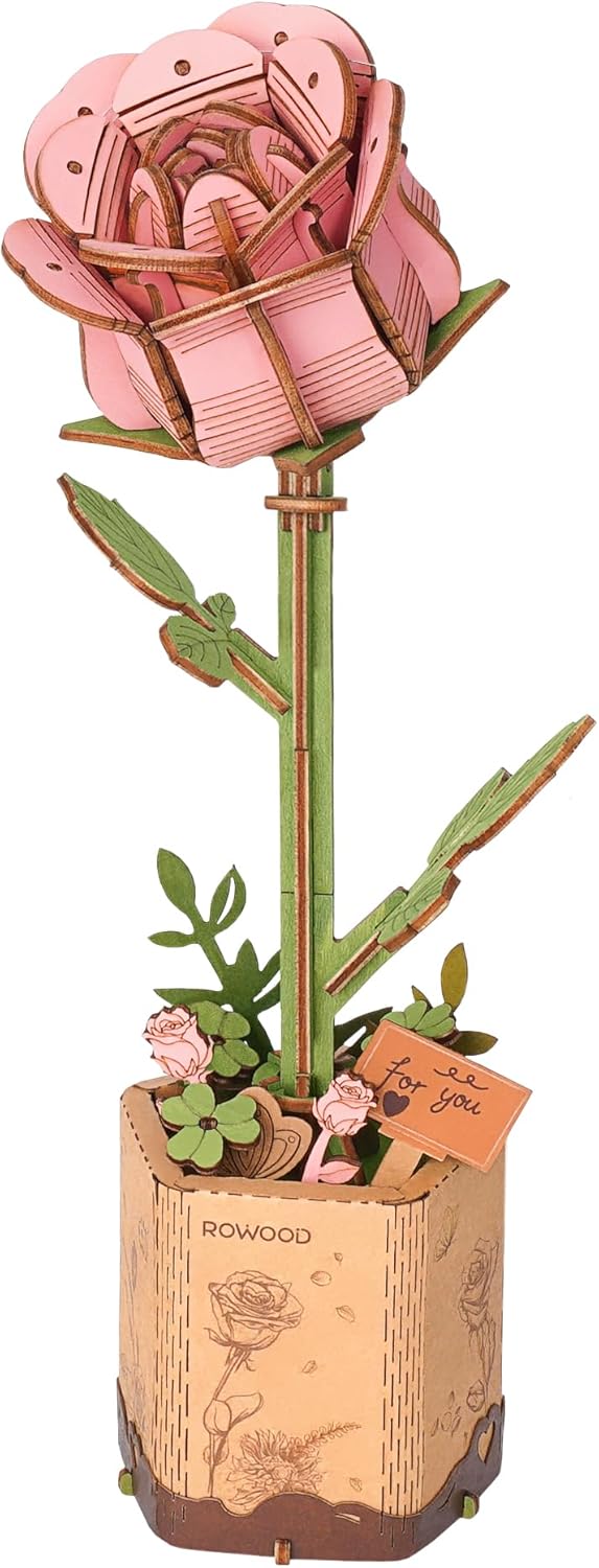 Wooden Artifical Flower Botanical Collection Building Craft Kit,Pink Rose