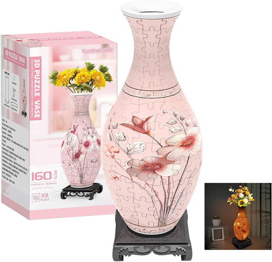 3D Puzzles Vase for Adults, Birthday Gifts for Women, 160 Pieces Plastic DIY Unique Flower Vase with LED Light, Crafts for Adults House Warming Gift for Flower Arrangements and Home Decor (Pink)