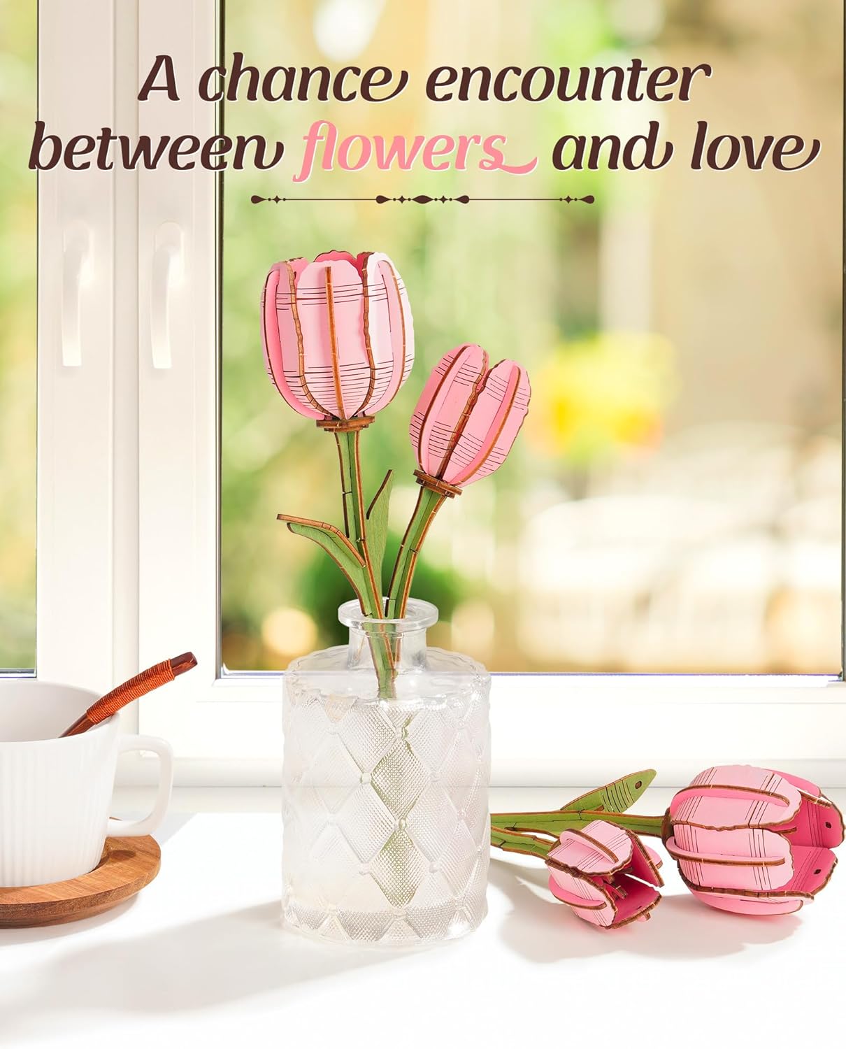 Wooden Artifical Flower Botanical Collection Building Craft Kit,Pink Tulip