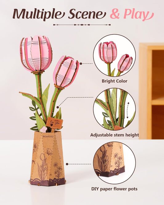 Wooden Artifical Flower Botanical Collection Building Craft Kit,Pink Tulip