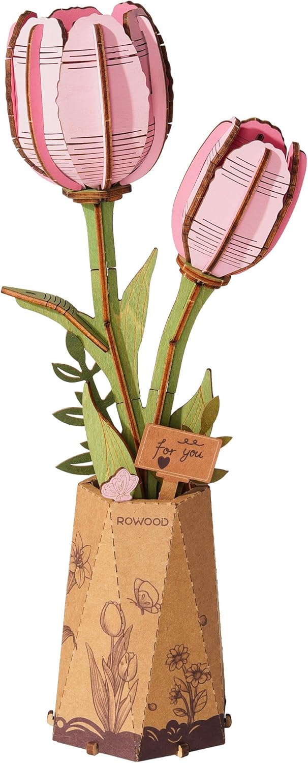Wooden Artifical Flower Botanical Collection Building Craft Kit,Pink Tulip