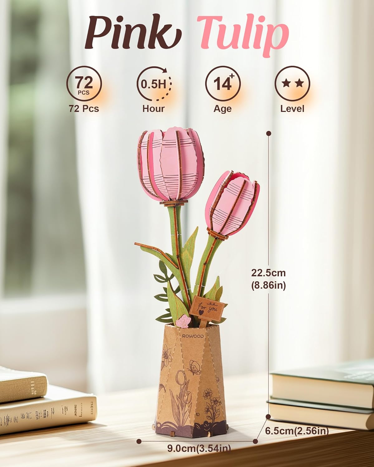 Wooden Artifical Flower Botanical Collection Building Craft Kit,Pink Tulip