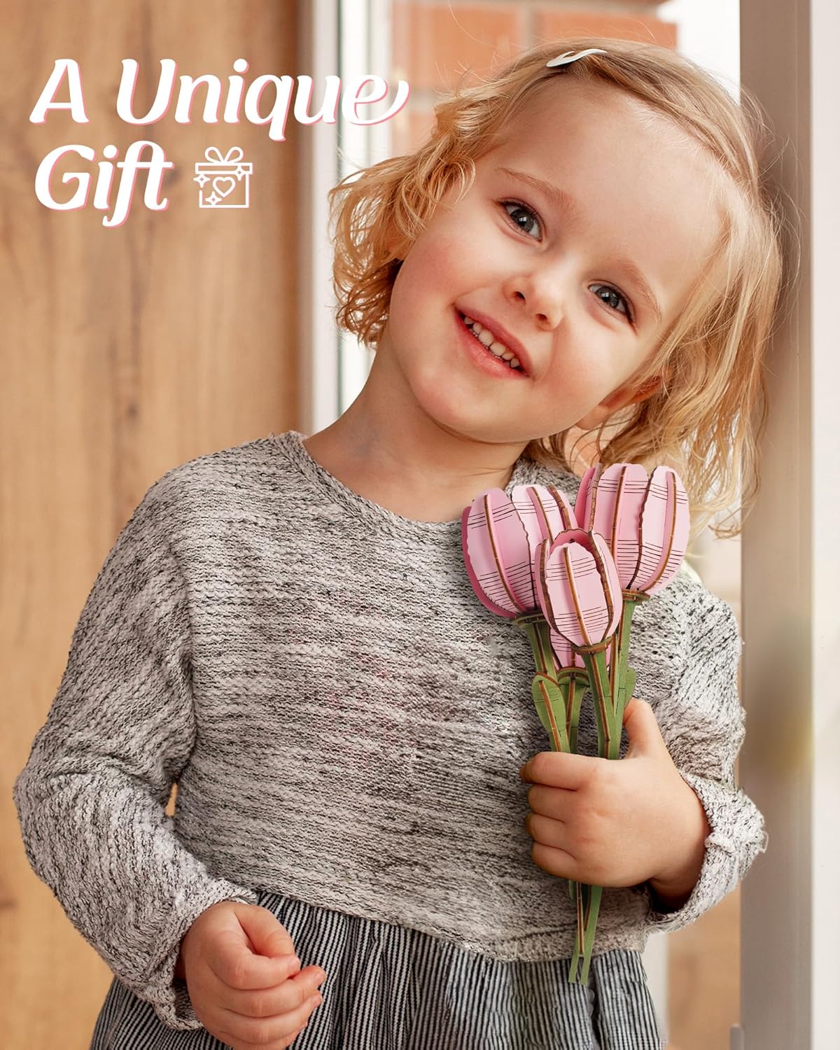 Wooden Artifical Flower Botanical Collection Building Craft Kit,Pink Tulip