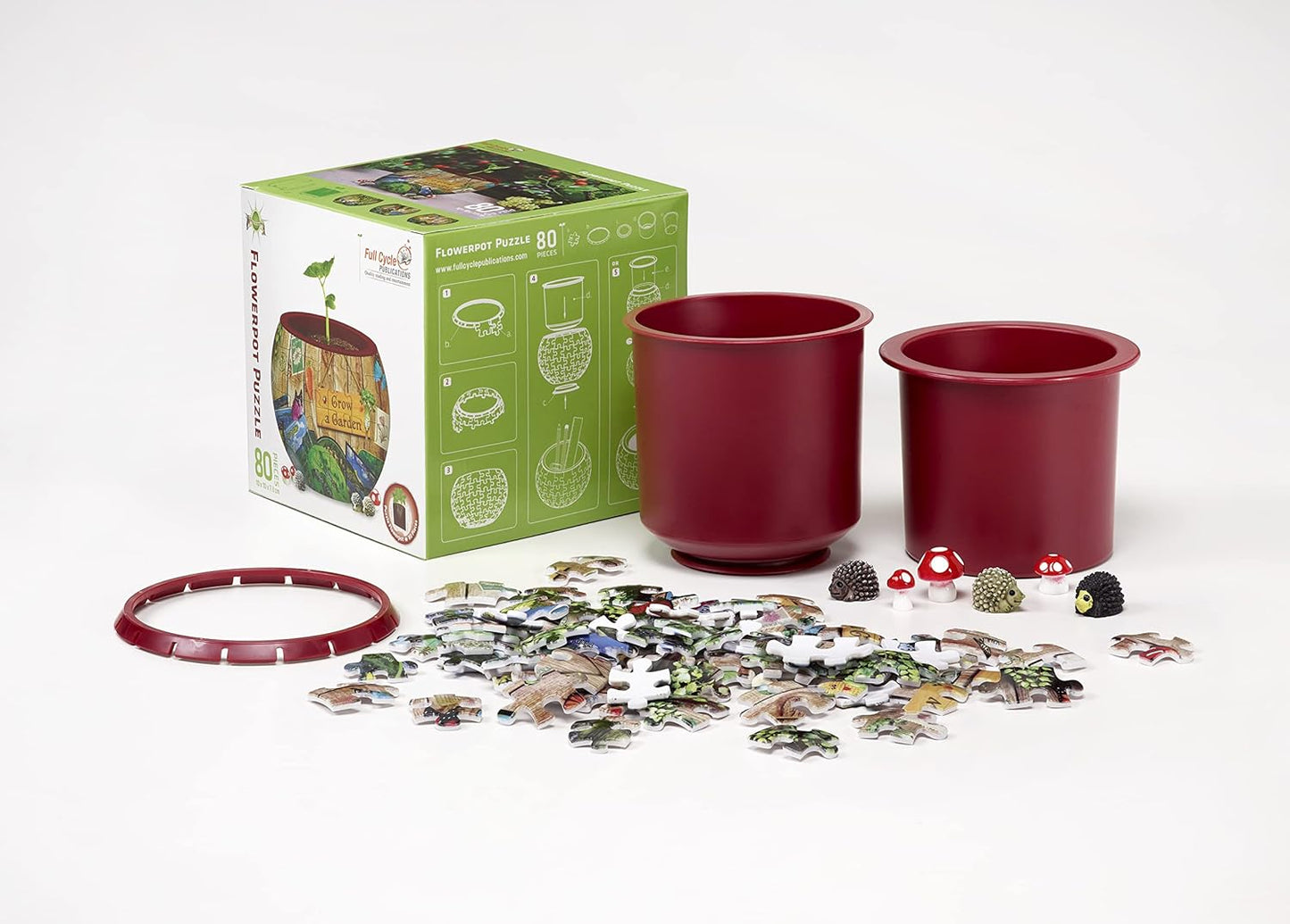 ’Grow a Garden' 3D Flowerpot Puzzle - 80 Pieces by Spartan & The Green Egg - Includes 3 Mini Hedgehogs and 3 Mini Mushrooms - 4in x 4in x 4in (10.16cm x 10.16cm)