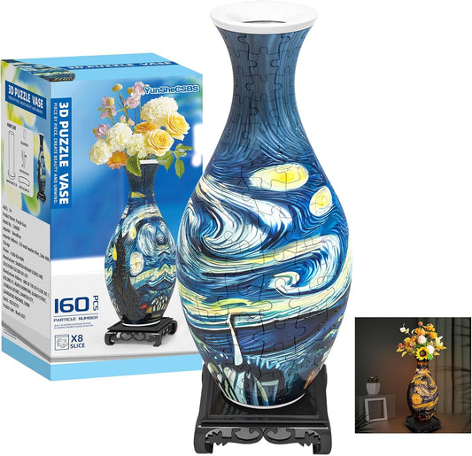 3D Puzzles Vase for Adults, Crafts for Adults, 160 Pieces Plastic DIY Unique Flower Vase with LED Light House Warming Gift Birthday Gifts for Flower Arrangements and Home Decor (Blue)