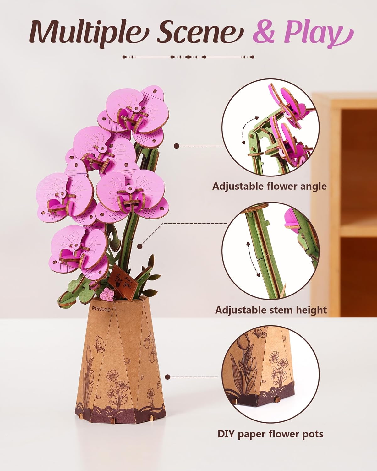 Wooden Artifical Flower Botanical Collection Building Craft Kit,Purple Moth Orchid