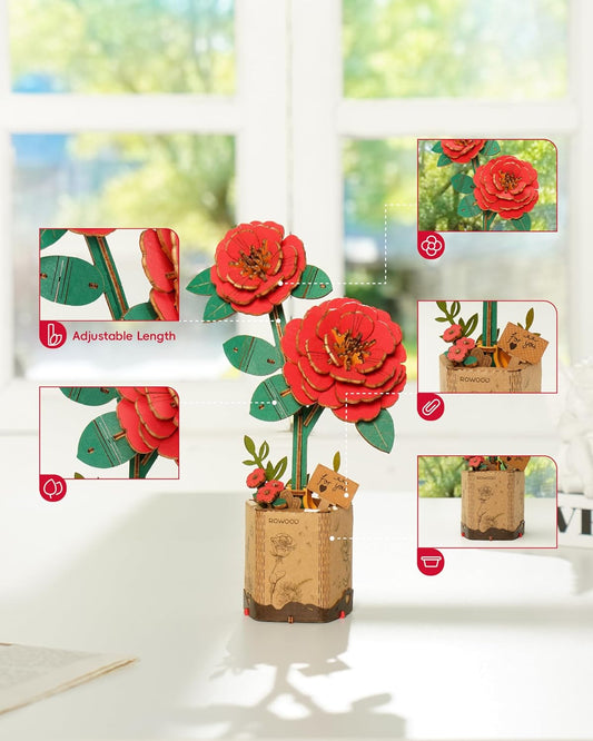 Wooden Artifical Flower Botanical Collection Building Craft Kit,Red Camellia