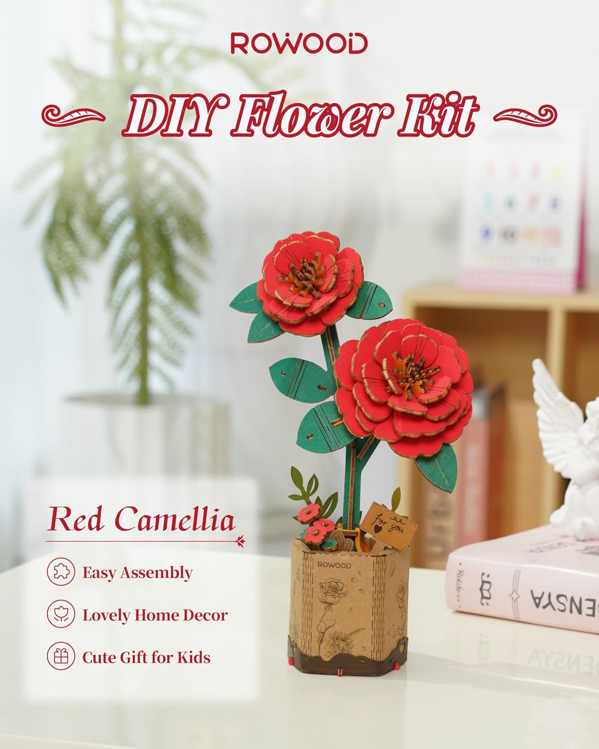 Wooden Artifical Flower Botanical Collection Building Craft Kit,Red Camellia