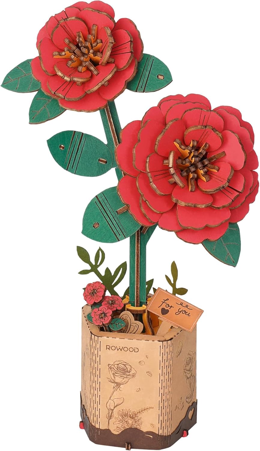 Wooden Artifical Flower Botanical Collection Building Craft Kit,Red Camellia